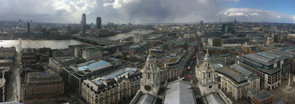 High angle view of Greater London and the Thames River from the dome of St Paul's Cathedral - panoramic format.