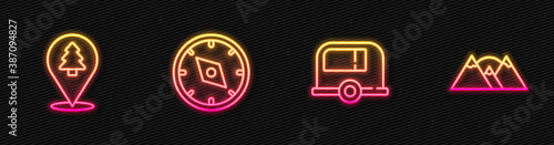 Set line Rv Camping trailer, Location of the forest, Compass and Mountains. Glowing neon icon. Vector.
