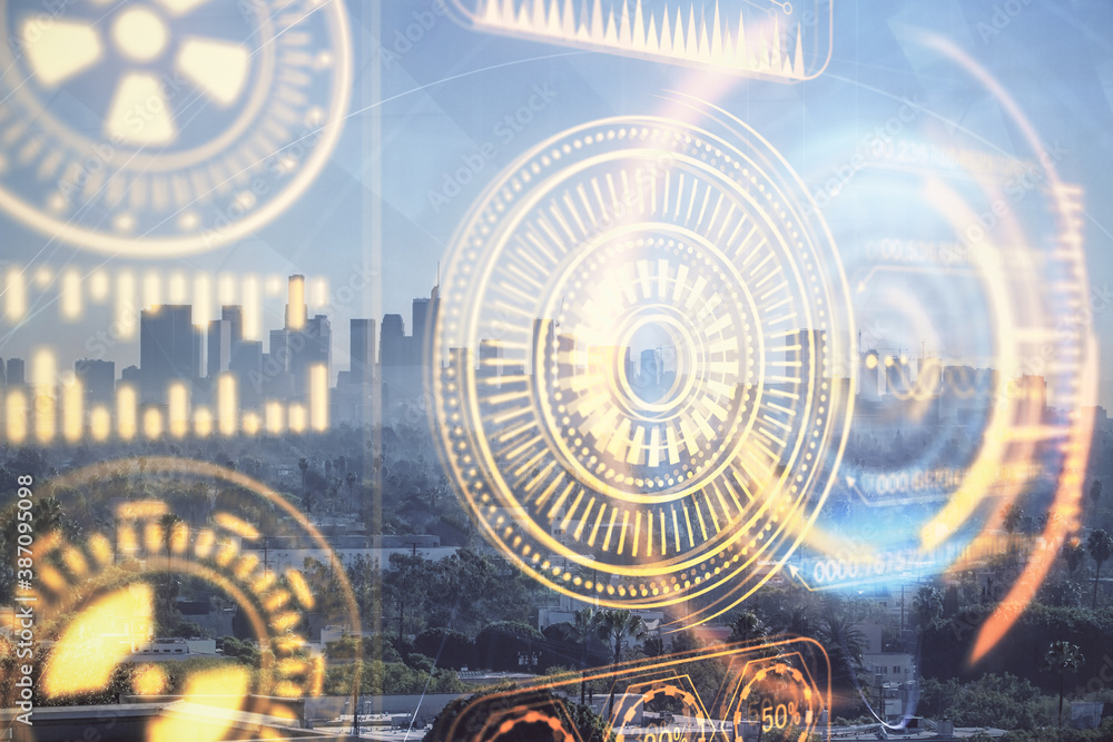 Fototapeta premium Double exposure of technology theme hologram and cityscape background. Concept of Hightech.