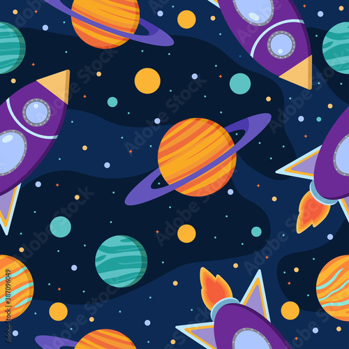 Cute space seamless pattern in cartoon style. Childish cosmic illustration. Vector design for textile, wallpaper, fabric.