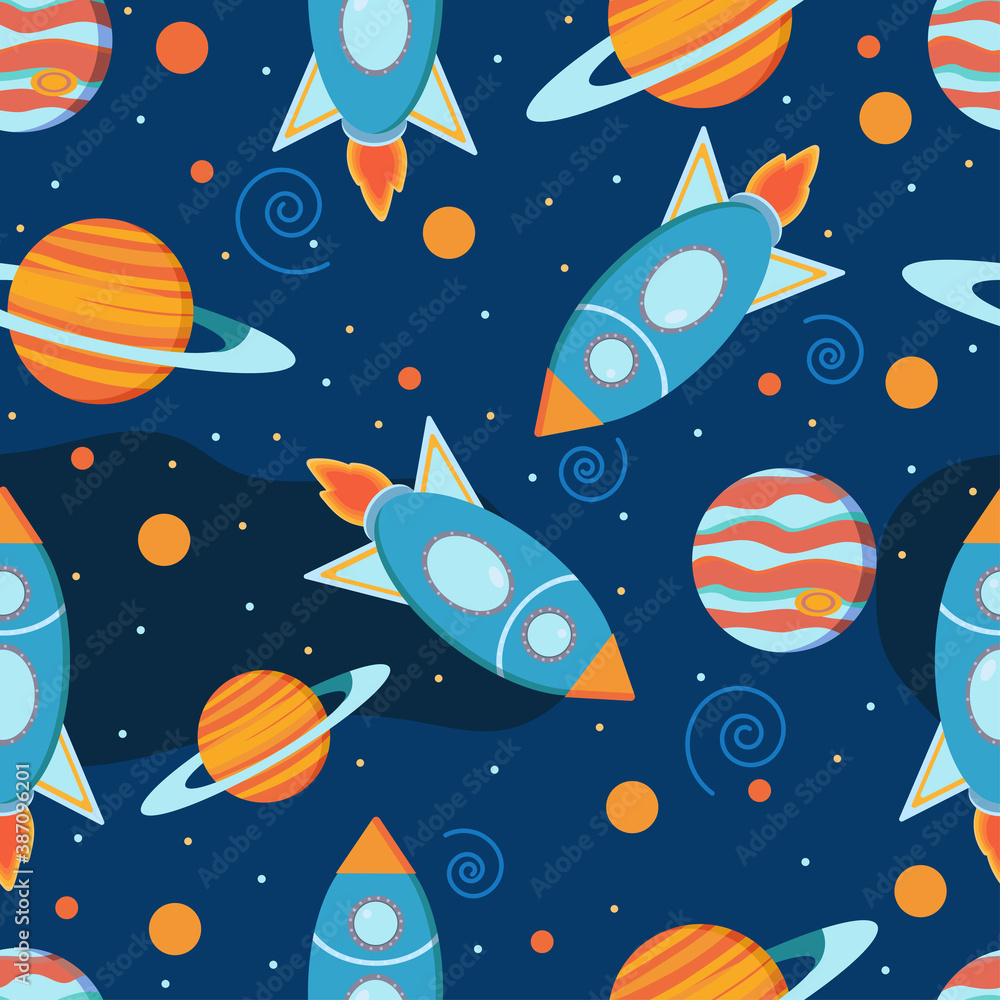 Seamless space pattern. Cartoon cosmic illustration Childish background with stars, planets and rockets. Vector design for textile, wallpaper, nursery.