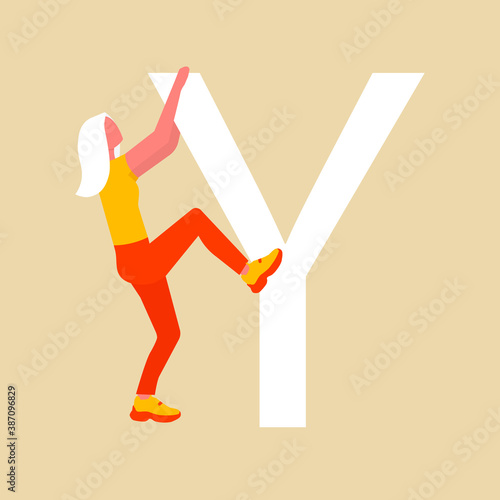 Woman climbs up a large letter Y. Flat cartoon character with an upper case letter. Vector illustration. Eps 10.