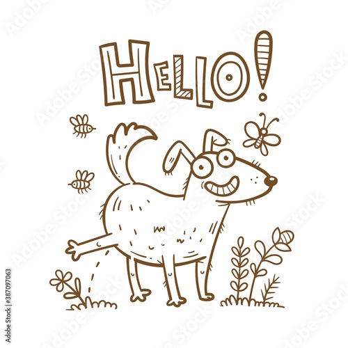 Сard with cute cartoon dog peeing on grass. Funny puppy in nature. Joyful animal for a walk. Vector line art. Comic pet print.
