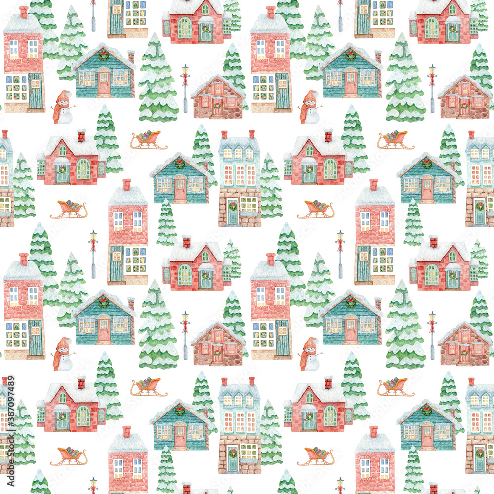 Hand-drawn watercolor seamless pattern with small Christmas town. Background with houses, Christmas trees, snowman, sleigh and gifts for a festive mood, decoration and design, fabrics and packaging.