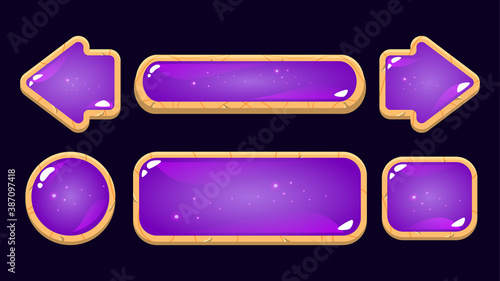 Set of game ui purple jelly button with wooden border. Perfect for 2d gui vector illustration