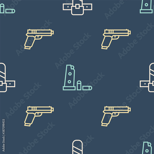 Set line Knife holster, Pistol or gun and Gun magazine and bullets on seamless pattern. Vector.
