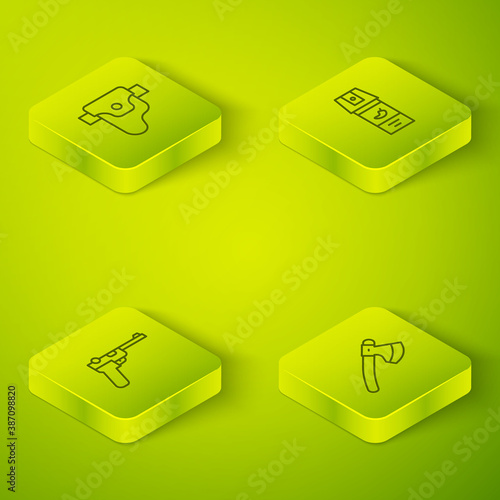 Set Isometric line Pepper spray, Mauser gun, Wooden axe and Gun in holster icon. Vector.