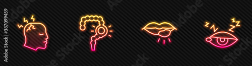 Set line Herpes lip, Man having headache, Gut constipation and Insomnia. Glowing neon icon. Vector.