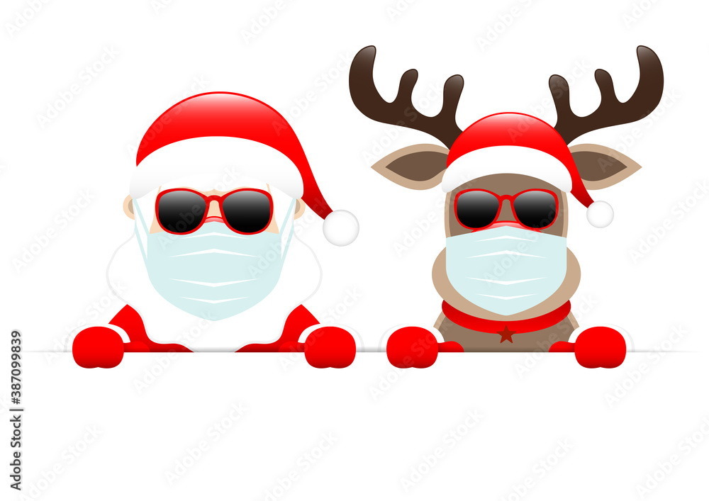Weihnachtsmann Und Rentier Maske Mit Sonnenbrille Horizontales Banner - obrazy, fototapety, plakaty 