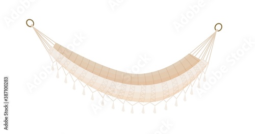 Hanging cozy hammock decorated with boho tassels. Modern decor element. Tool for summer beach recreation. Flat vector cartoon illustration isolated on white background