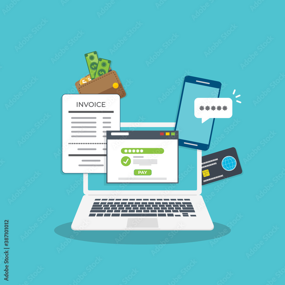Online payment concept. Laptop with electronic invoice.
Vector illustration. Online payment concept. Laptop with electronic invoice.
Vector illustration.