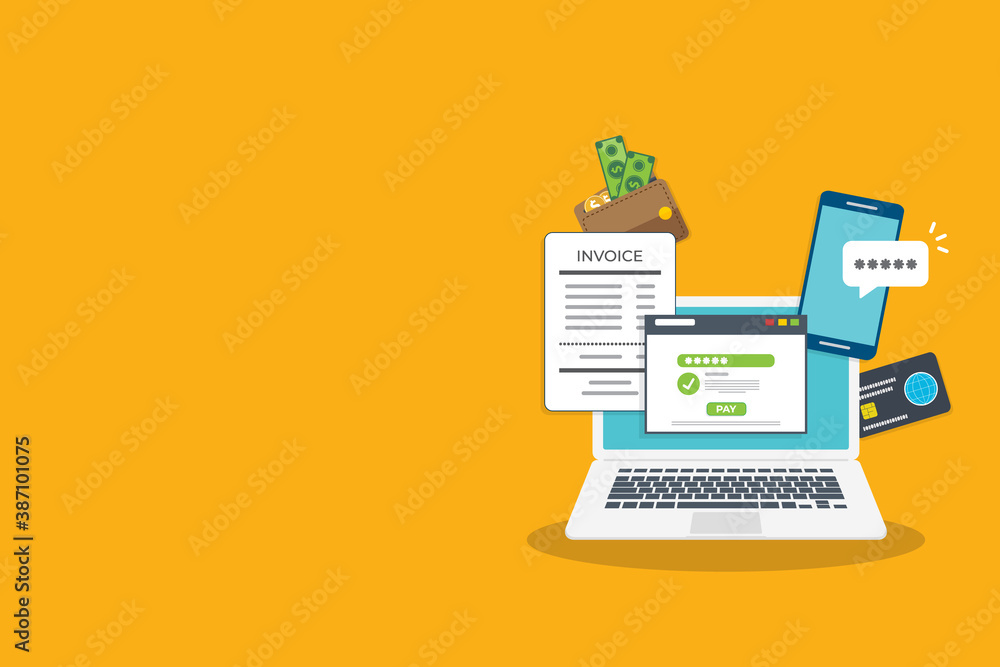 Online payment concept. Laptop with electronic invoice.
Vector illustration. Online payment concept. Laptop with electronic invoice.
Vector illustration.