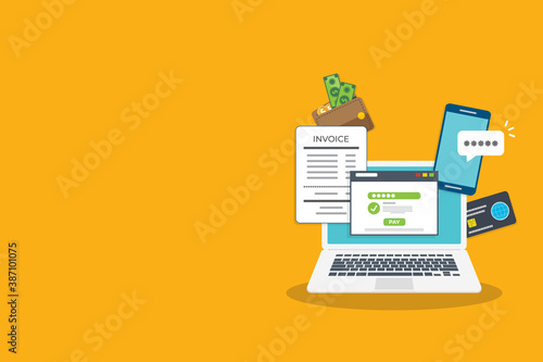 Online payment concept. Laptop with electronic invoice.  
Vector illustration. 