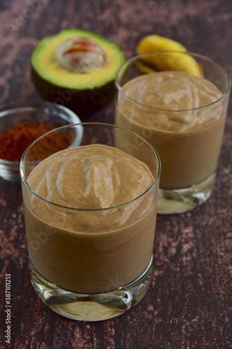 Healthy banana chocolate avocado smoothie drink