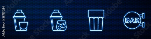 Set line Glass with water, Cocktail shaker, and Street signboard Bar. Glowing neon icon on brick wall. Vector.