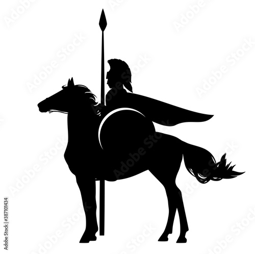 spartan warrior with spear riding horse - brave ancient hero black and white vector silhouette