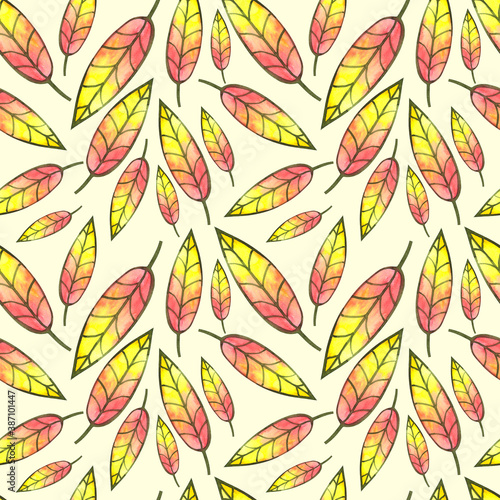 Seamless watercolor pattern with leaves with a gradient from yellow to pink on a yellow background