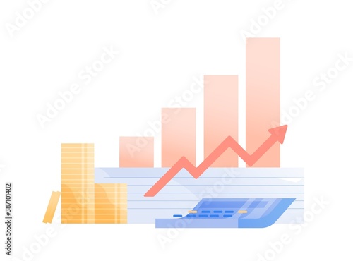 Concept of money profit, investment growth. Histogram shows growing funds and company success. Business improvement and financial profit graph. Vector illustration in flat cartoon style