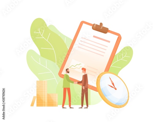 Concept of business agreement, partnership, cooperation. Businessmen shaking hands. Successful investment plan. Flat vector cartoon illustration isolated on white background