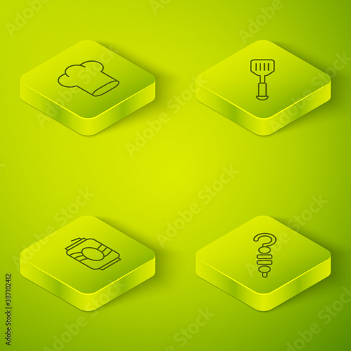 Set Isometric line Spatula, Soda can, Grilled shish kebab and Chef hat icon. Vector.