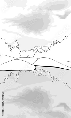Coloring of a lake on a mountain and forest background