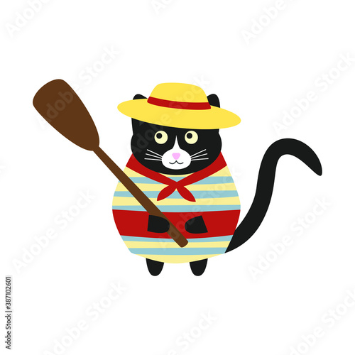 Cute cat gondolier in a striped T-shirt, a yellow hat and a red scarf with paddle in paws. Doodle flat illustration vector.