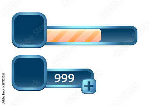 set of glossy blue game ui bar and additional panel for gui asset elements vector illustration