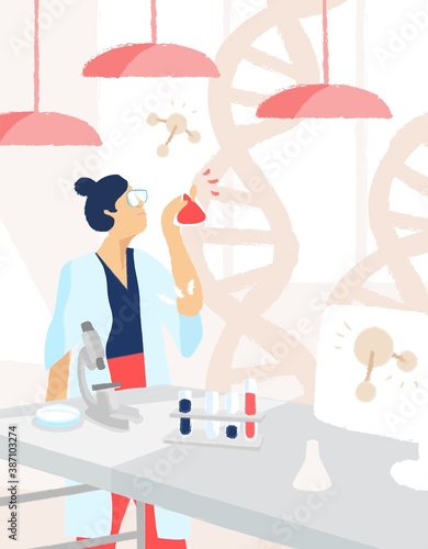 Female scientist conducting medical experiment, discovery vaccine. Woman researcher holding flask. Chemist working in laboratory. Vector illustration in flat cartoon style