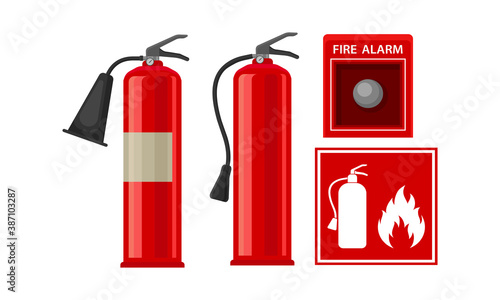 Active Fire Protection Devices with Fire Extinguisher and Fire Alarm Button Vector Set