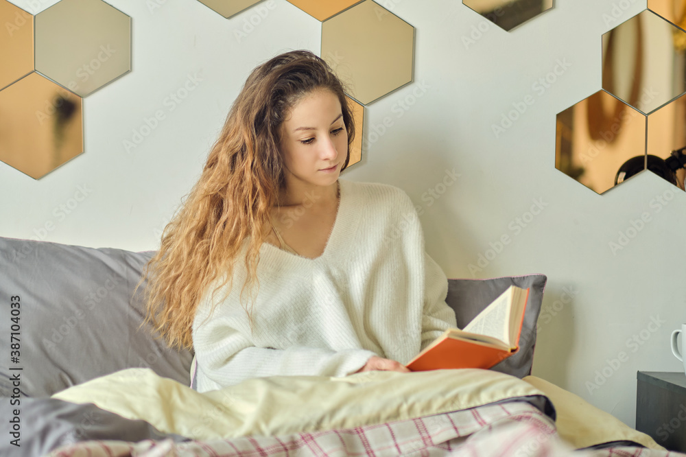 beautiful young woman in a warm knitted sweater reads a book. lazy weekend on a winter morning. beautiful young woman in a warm knitted sweater reads a book. lazy weekend on a winter morning.