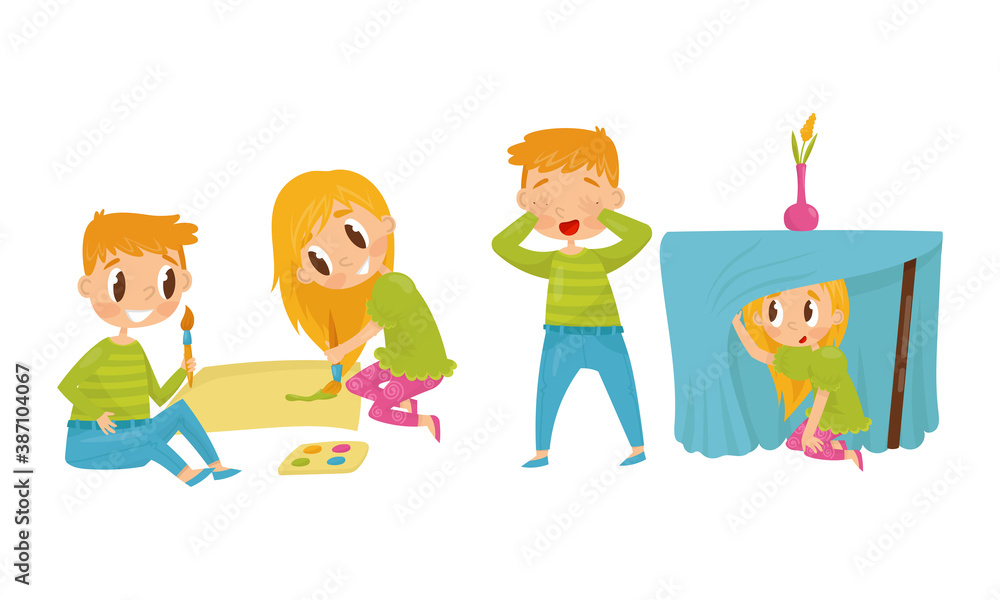 Fototapeta premium Little Boy and Girl Painting and Playing Hide-and-seek Vector Illustration Set
