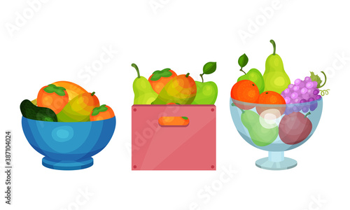 Sweet Fruits with Mango and Pear in Bowls Vector Set