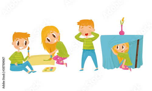 Little Boy and Girl Painting and Playing Hide-and-seek Vector Illustration Set