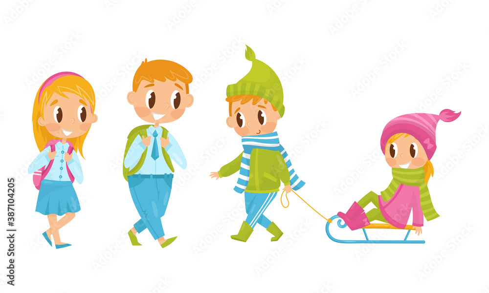 Little Boy and Girl with Backpacks Going to School and Sledging Vector Illustration Set Little Boy and Girl with Backpacks Going to School and Sledging Vector Illustration Set