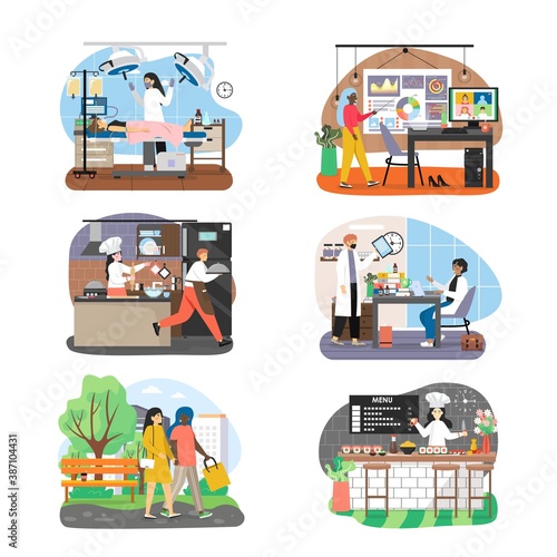 Women occupation set, flat vector isolated illustration. Female surgeon, doctor, teacher, restaurant chef, saleswoman.