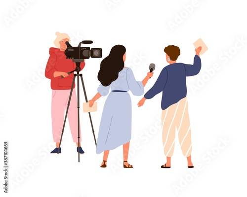 Female cameraman and correspondent making live reportage. Professional journalist recording interview. Media workers with equipment isolated on white. Vector illustration in flat cartoon style.
