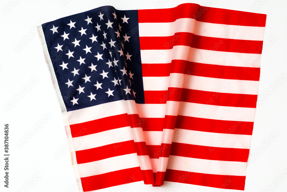 Fototapeta premium Top view american flag and shape inscription v. USA election concept.
