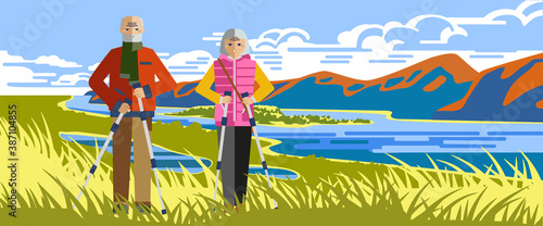 An elderly couple is engaged in Nordic walking against the backdrop of a beautiful landscape. Flat vector illustration.