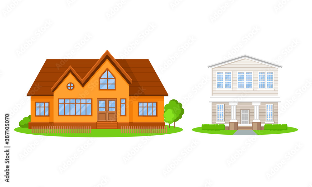 Residential Houses Exterior with Green Bushes Vector Set