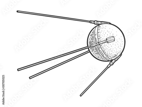 Sputnik One first artificial Earth satellite made by Soviet Union sketch engraving vector illustration. T-shirt apparel print design. Scratch board imitation. Black and white hand drawn image.