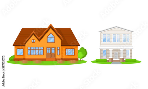 Residential Houses Exterior with Green Bushes Vector Set © Happypictures