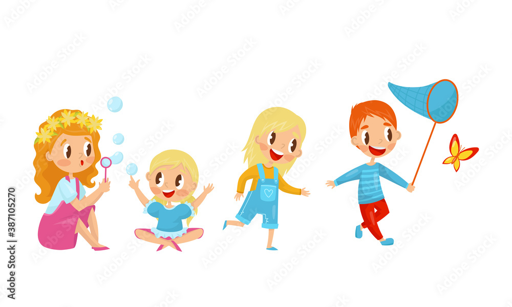 Fototapeta premium Little Boy and Girl Catching Butterflies and Blowing Bubbles Vector Illustration Set