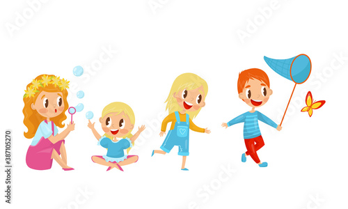 Little Boy and Girl Catching Butterflies and Blowing Bubbles Vector Illustration Set