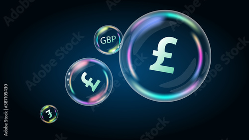 Pound Sterling GBP coin symbol in soap bubble. The US economy is inflated and burst. The financial pyramid will be destroyed. Vector EPS10.