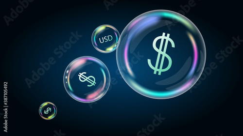 Dollar USD coin symbol in soap bubble. The US economy is inflated and burst. The financial pyramid will be destroyed. Vector EPS10.