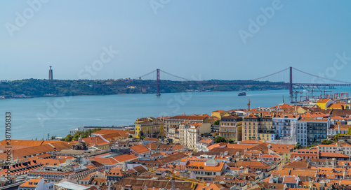 Panoramic aerial view of Lisbon, Portugal with 25 April Bridge, Sanctuary of Christ the King, and Tagus River