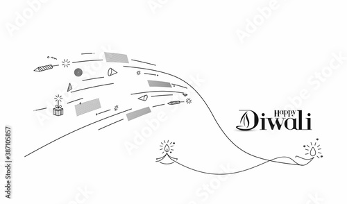 Oil lamp - diya text of happy Diwali festival, Line art Vector illustration.