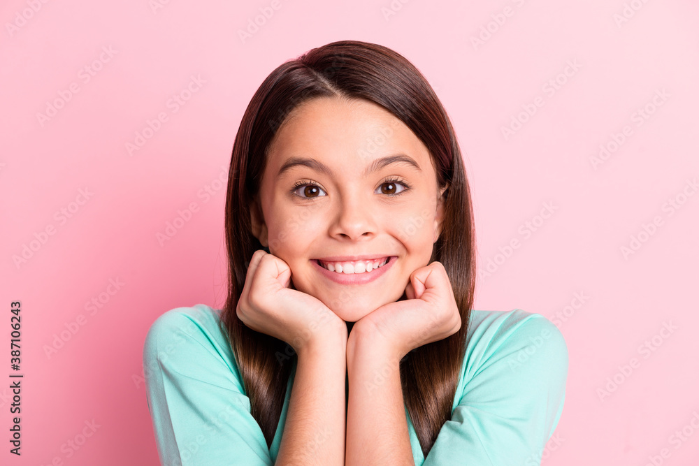 Photo of cheerful lovely sweet little hispanic lady long hairstyle hands hold face cheekbones toothy shiny white smile wear turquoise sweatshirt isolated pink color background Photo of cheerful lovely sweet little hispanic lady long hairstyle hands hold face cheekbones toothy shiny white smile wear turquoise sweatshirt isolated pink color background