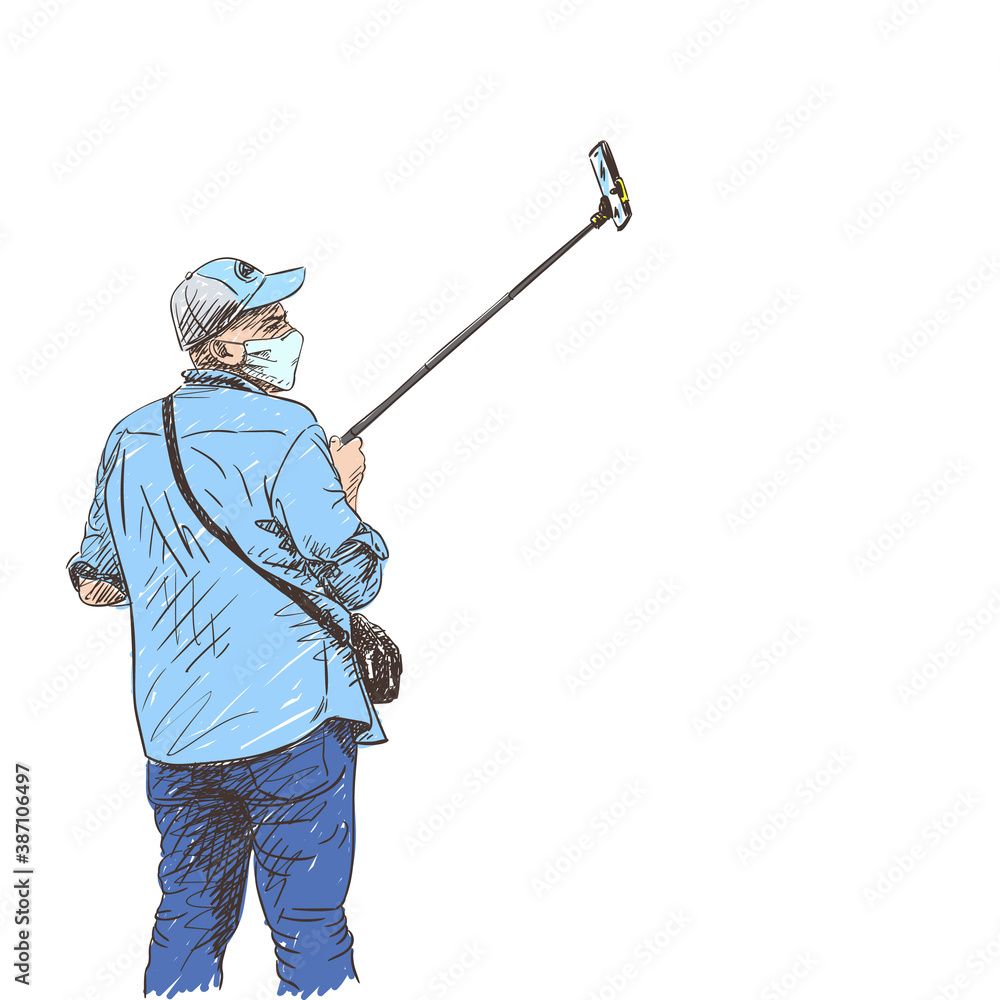 Man tourist in medical face mask makes selfie with smartphone on selfie stick Color vector drawing, Travel alone at coronavirus pandemic sketch. Hand drawn illustration isolated white background Man tourist in medical face mask makes selfie with smartphone on selfie stick Color vector drawing, Travel alone at coronavirus pandemic sketch. Hand drawn illustration isolated white background