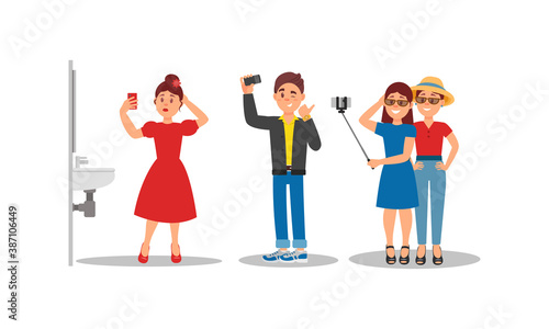 Young People Characters Holding Smartphone and Taking Photo Vector Illustration Set